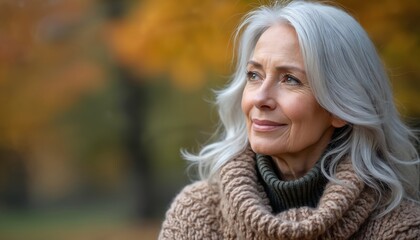 Naklejka premium Mature woman with elegant silver hair wears cozy knit sweater. Looks outside thoughtfully, showing wisdom, calm in nature. Autumn foliage provides warm backdrop for peaceful expression. Embodies