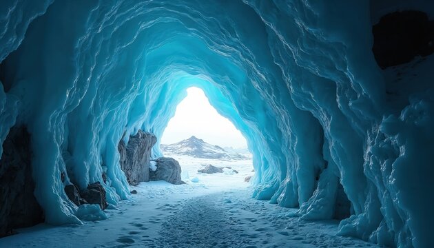 View from inside blue ice cave looking out to snowy mountains. Frozen natural tunnel with ice walls. Pathway leads to bright exit. Ice cave interior.