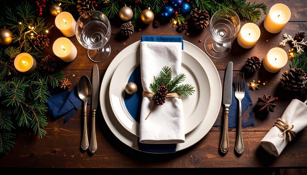 Festive Winter Table Setting with Abstract Napkin Mockup for Commercial Use