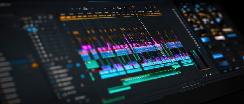 The digital audio workstation multitrack editing session glowing on a dark studio screen
