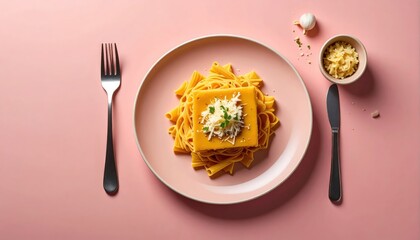 Elevated view of vibrant dish featuring pasta, squash and cheese on plate