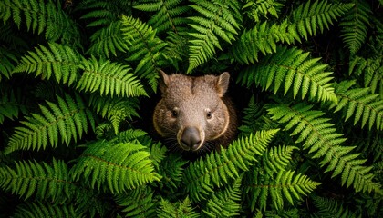 Wombat surrounded by vivid green ferns creating a natural and intimate portrait