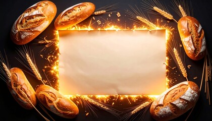 Artistic composition featuring golden bread, wheat stalks, and glowing scroll backdrop