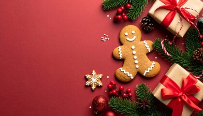 Festive Holiday Arrangement with Gingerbread Cookies, Presents and Evergreen Branches