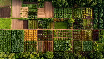 Aerial view of diverse agricultural plots creating a colorful patchwork landscape