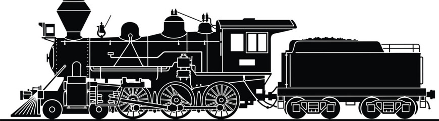 Vintage steam locomotive silhouette in side view with detailed wheels and coal tender, classic railway train vector illustration isolated on white background. © Mst
