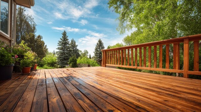 Shiny wooden deck with a wooden fence and various plants in front of a house