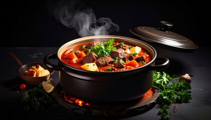 Delicious and Hearty Beef Stew Simmering in a Rustic Pot with Vegetables