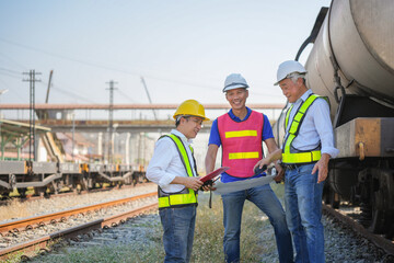 Happy team of railway engineers discussing project plans at train station, Professional industrial supervisors reviewing technical drawings next to oil tanker train