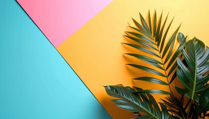 Geometric arrangement of vibrant tropical leaves on a colorful backdrop
