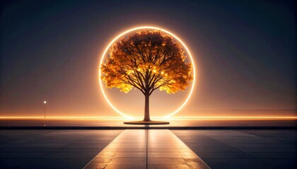 Luminous sphere encircling a tree casting a golden glow on urban landscape
