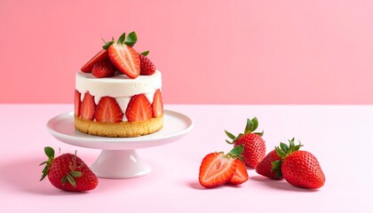 Delicate strawberry shortcake dessert on a pedestal, a delightful confection composition