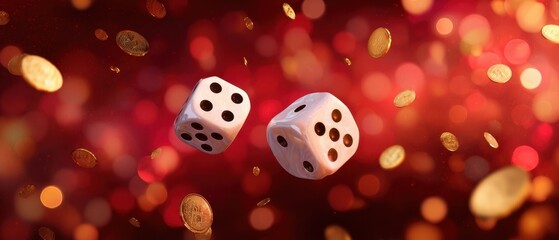 The Dice Toss Captured Mid-Air with Falling Gold Coins and Festive Bokeh