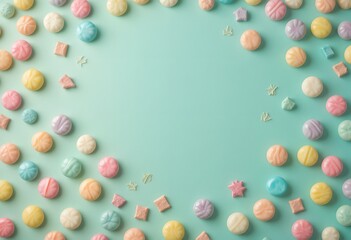 Colorful Pastel Candies Scattered on a Light Green Background.