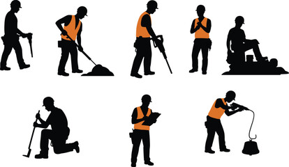 Construction worker silhouettes, jackhammer drilling, shovel digging, power tool usage, clipboard inspection, machinery operation, safety vest, teamwork artwork design © MdAminur