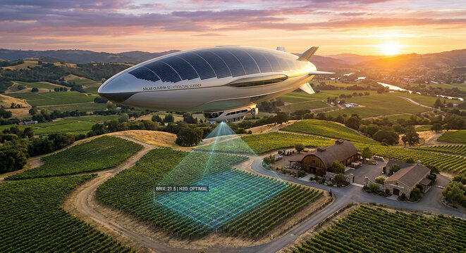 Large Autonomous Solar Cloud M-52 Airship, COVERED IN SOLAR PANELS, Serenely Floating and Scanning Sprawling Rolling Hills Vineyards in Napa Valley during Golden Hour Sunset.
