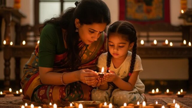 Mother and Child Lighting Oil Lamps Together Warm Family Moment