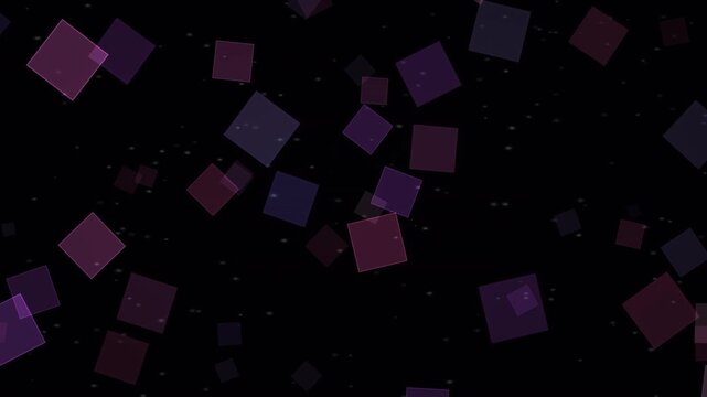 Geometric shapes overlap and float in purple and violet hues