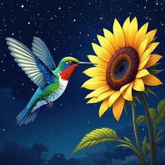 Obraz premium Small hummingbird sips nectar from bright sunflower under starry night sky. Bird with colorful feathers hovers near yellow bloom. Tiny creature drinks from big flower.