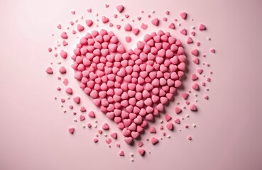 Obraz premium Pink heart shape made from small candy hearts scattered on pastel background. Sweet confectionery arranged for love and romance, festive holiday or gift.