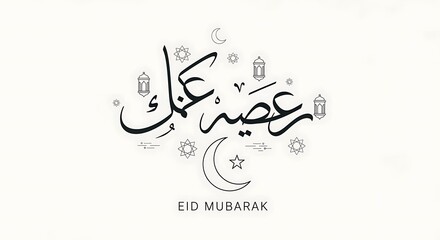 Elegant eid mubarak calligraphy design on white background with moon and lanterns