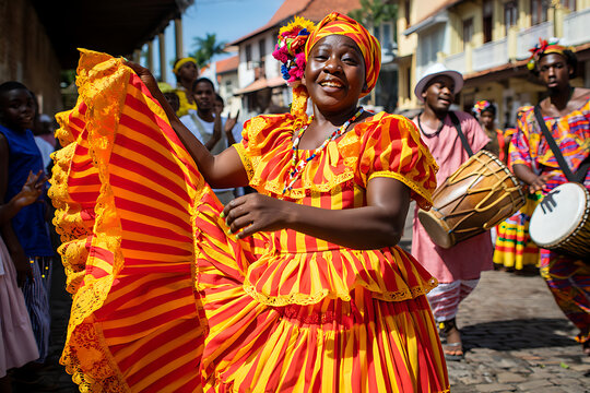 Woman in Vibrant Traditional Attire Dancing at a Street Festival