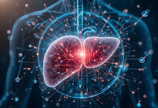 Human Liver Organ with Glowing Red Light and Digital Connections in a Transparent Body.