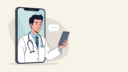Fototapeta premium Professional male doctor with a stethoscope appearing on a smartphone screen while holding a tablet to provide online consultation.