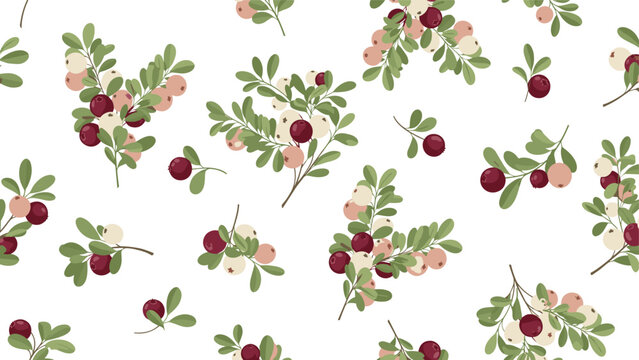 Seamless botanical pattern with red and pink cranberries or lingonberries on green branches over a white background.