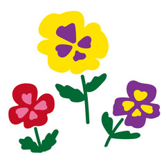 カラフルなパンジーのお絵かき風イラストセット