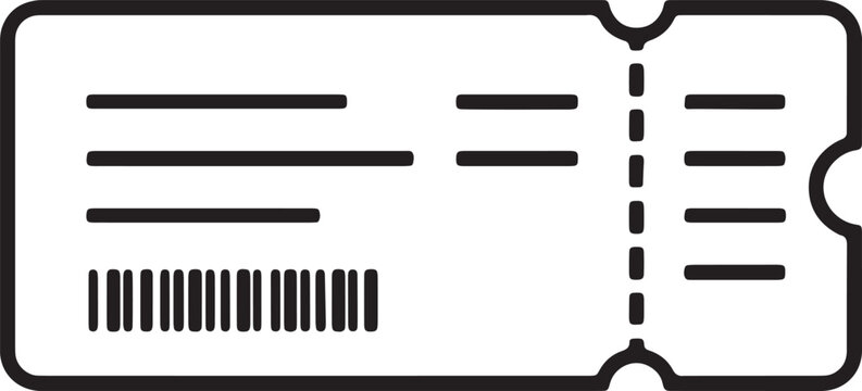 Minimalist black line art ticket icon with barcode for travel, cinema, and event admission design