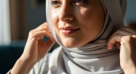 Woman adjusting headscarf illuminated by sunlight indoors soft focus portrait