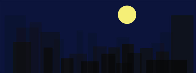 Abstract Minimalist City Skyline Silhouette at Night With Full Moon