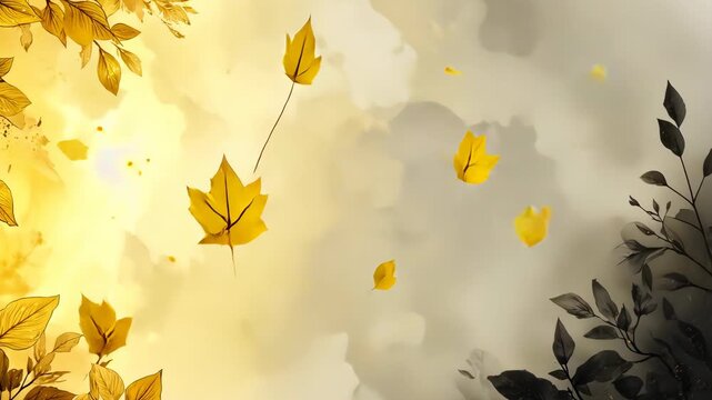 Abstract autumn-themed artwork with golden falling leaves and blurred atmospheric background