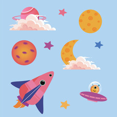 Obraz premium Cute Cartoon Space Illustration Set with Rocket