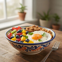 breakfast bowl filled with a variety of fresh fruits toasted