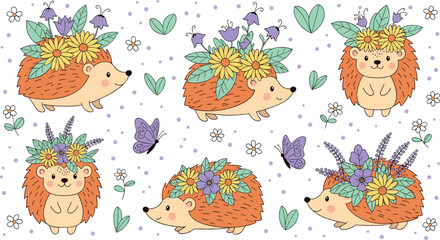 Cute hedgehogs with floral crowns vector set, woodland animals with flowers, butterflies and whimsical forest illustration © MdNazmul