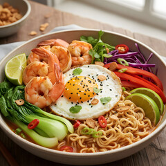 shrimp noodle bowl with fresh vegetables and fried egg