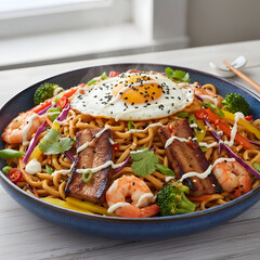 Vibrant and appetizing noodle dish with an assortment of colorful toppings