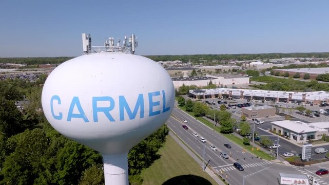 Carmel, Indiana water tower with stable drone video.