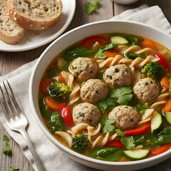 Soup with chicken meatballs noodles and vegetables healthy eating diet