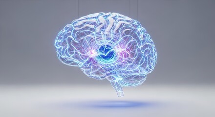 Glowing digital brain with blue neural networks on gray background futuristic ai concept