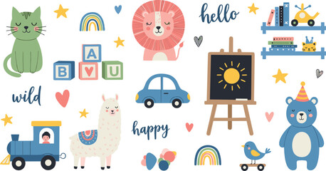Cute nursery animals and toys vector set with lion, cat, llama, train, teddy bear and rainbow illustration © MdNazmul