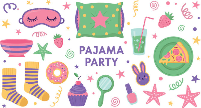 Cute pajama party vector illustration set with sleepover elements, pillow, cupcake, socks and fun girly accessories