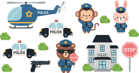 Cute police animals vector set with patrol car, helicopter, station building and cartoon officer characters © MdNazmul