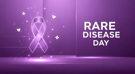 Obraz premium Purple ribbon with hearts on rare disease day background with text