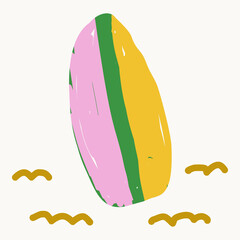 Flat vector illustration of colorful surf board standing upright on beach with small wave accents in playful summer style.