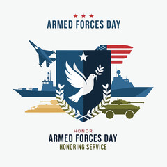 Illustration of military symbols and dove, with flag elements