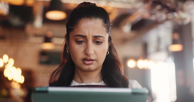 Tablet, confused and business woman in office with spam email, error or venue mistake with bokeh. Employee, glitch and person in workplace with doubt for event planning, scam or problem with vendor