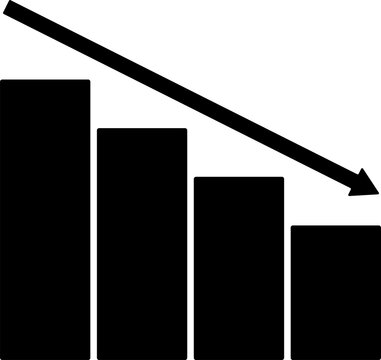 Black silhouette vector of a decreasing bar chart with a falling arrow representing financial loss and declining profits. Financial loss icon transparent PNG.